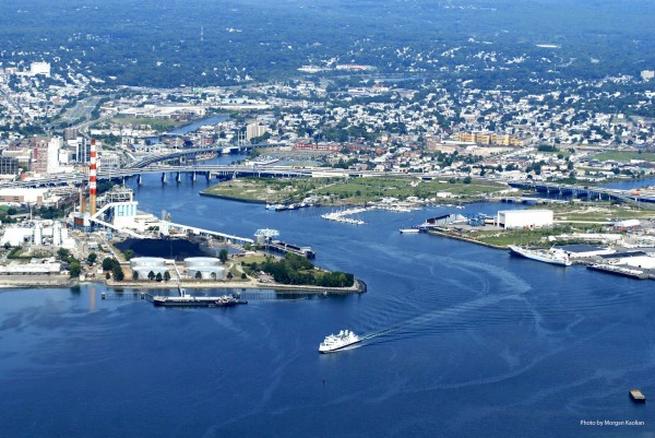 Bridgeport aerial view of the city and blue ocean